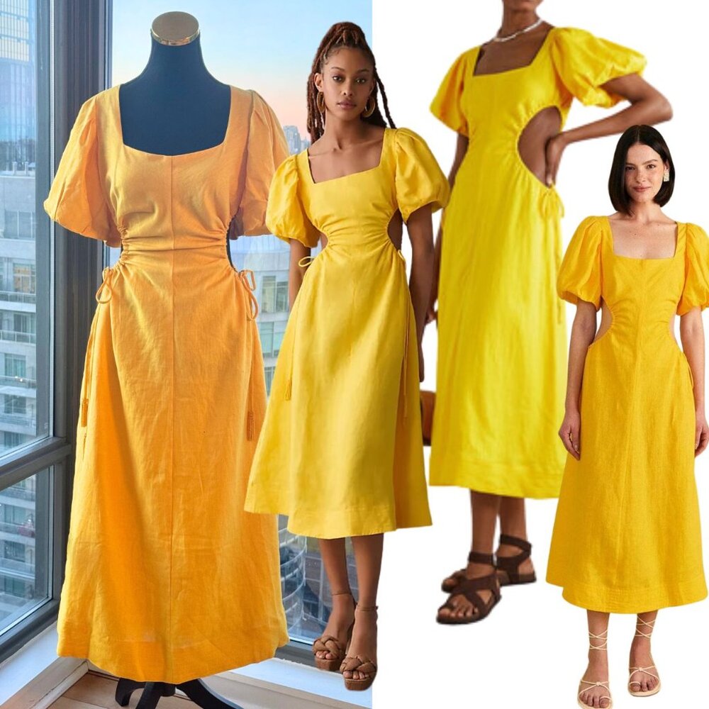 FARM Rio Yellow Puff-Sleeve Midi Dress